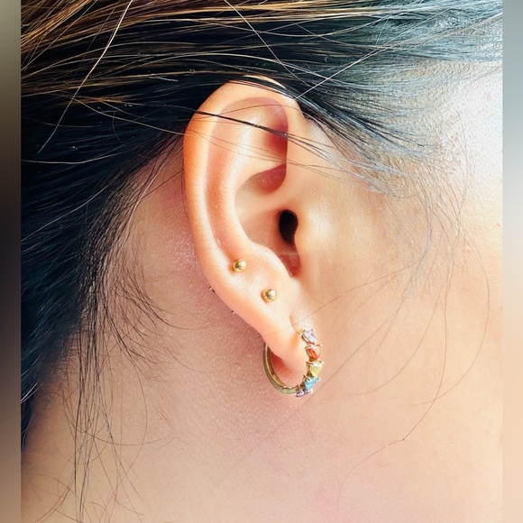 REAL 18 GOLD KARAT LOOP EARRING HEATT MULTICOLOR STONE - Picture 5 of 5